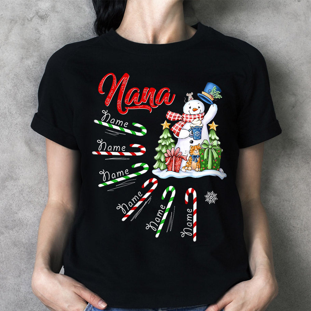 Grandma Candy Cane Cute Snowman Winter Christmas Personalized Shirt For Grandma,