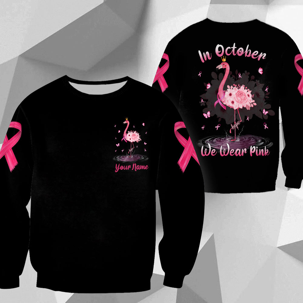 In October We Wear Pink, All Over Print Shirts For Breast Cancer Awareness, Flamingo & Flowers Art Print, Name Can Be Changed