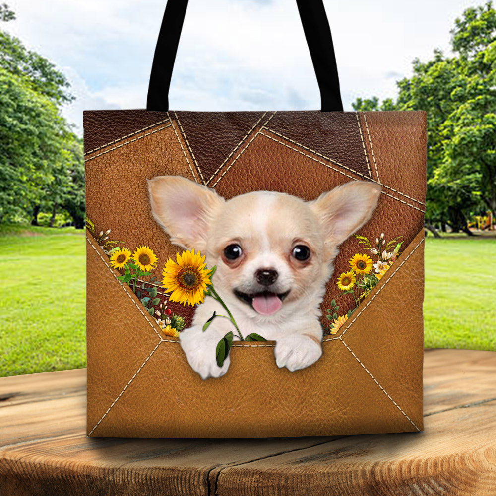 Chihuahua Holding Sunflower, Tote Bag Printed Leather Pattern For Dog Mom