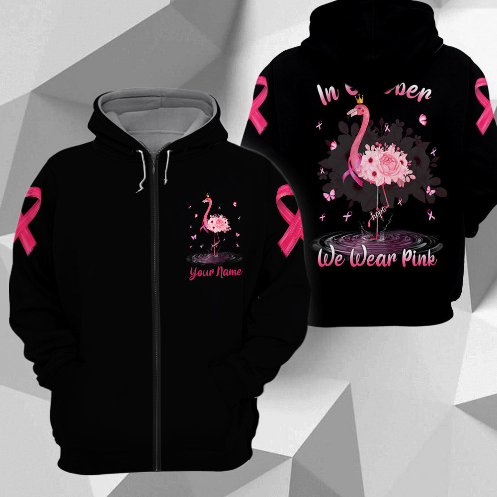 In October We Wear Pink, All Over Print Shirts For Breast Cancer Awareness, Flamingo & Flowers Art Print, Name Can Be Changed