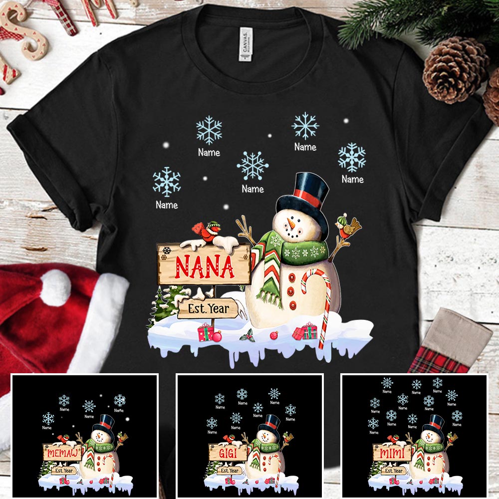 Nana With Little Snowflake Christmas Snowman Personalized Shirt For Grandma