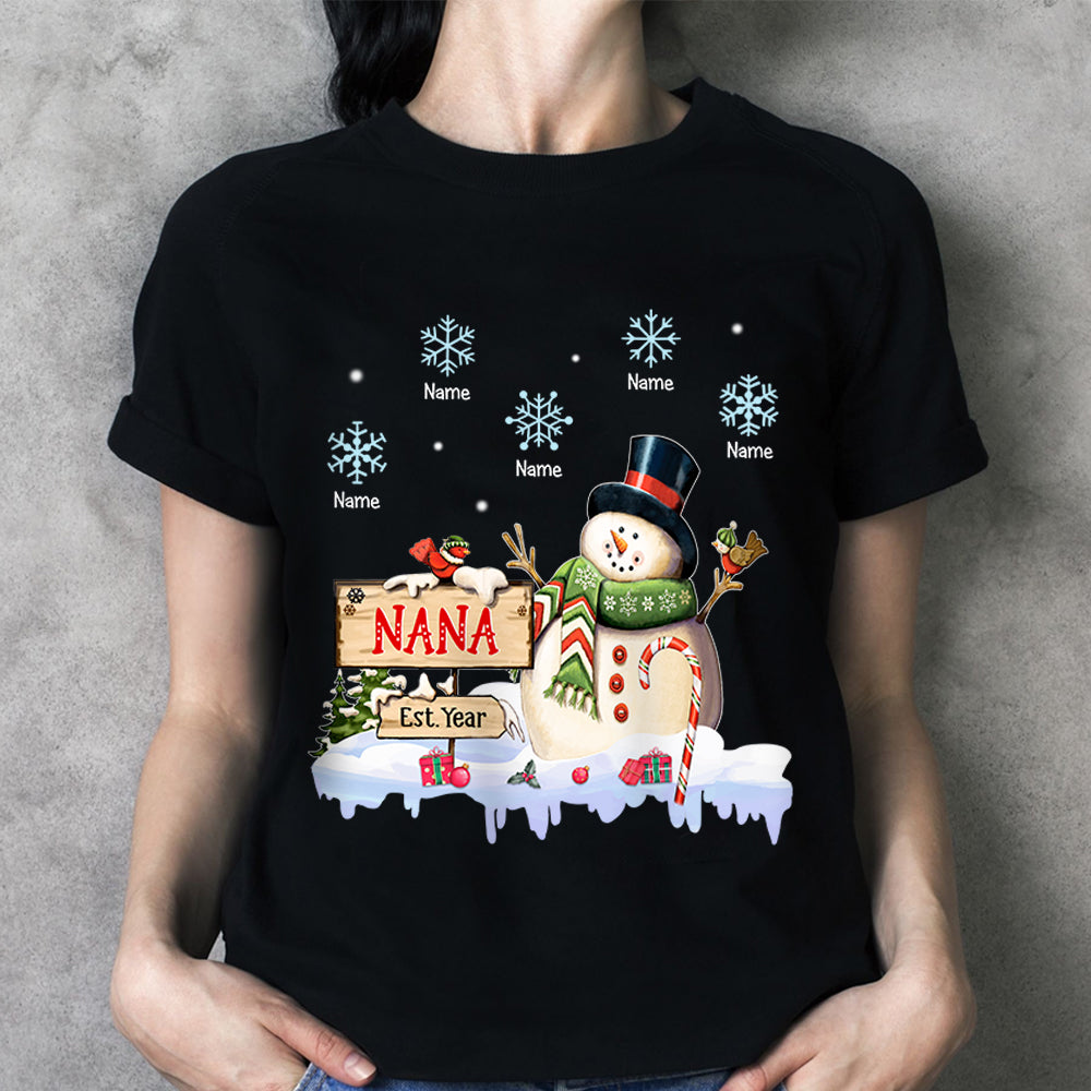 Nana With Little Snowflake Christmas Snowman Personalized Shirt For Grandma