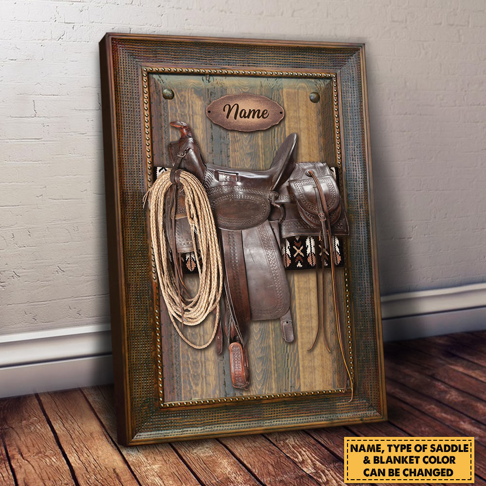 Canvas Horse Saddle Frame Print, Personalized Canvas For Horse Lovers, Cowboy, Cowgirl, Name & Type Of Saddle Can Be Changed