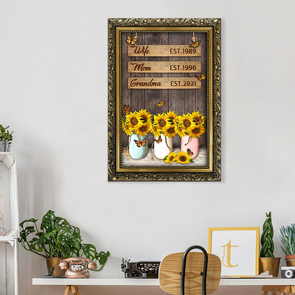 Wife Mom Grandma Est.Year Sunflower Vase Printed Frame Personalized Canvas For Grandma