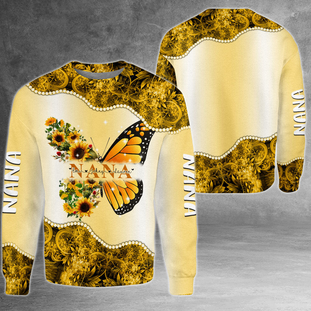 Personalized Nickname & Grandkid's Names All Over Print Shirts Butterfly Sunflower Vr2