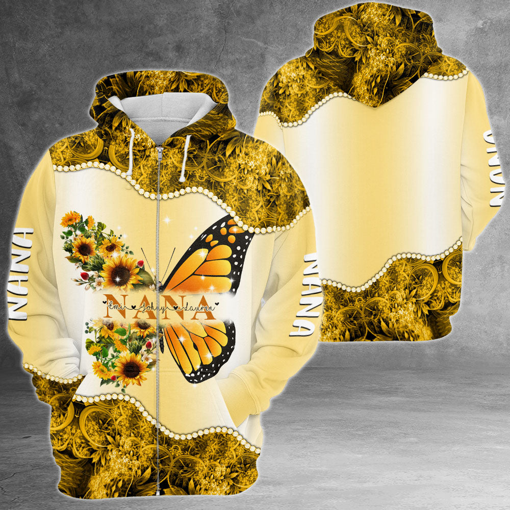 Personalized Nickname & Grandkid's Names All Over Print Shirts Butterfly Sunflower Vr2