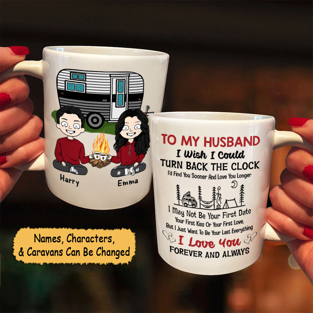 Personalized Mug For Couples, Camping Lovers, I Wish I Could Turn Back The Clock, Names, Caravans & Characters Can Be Changed