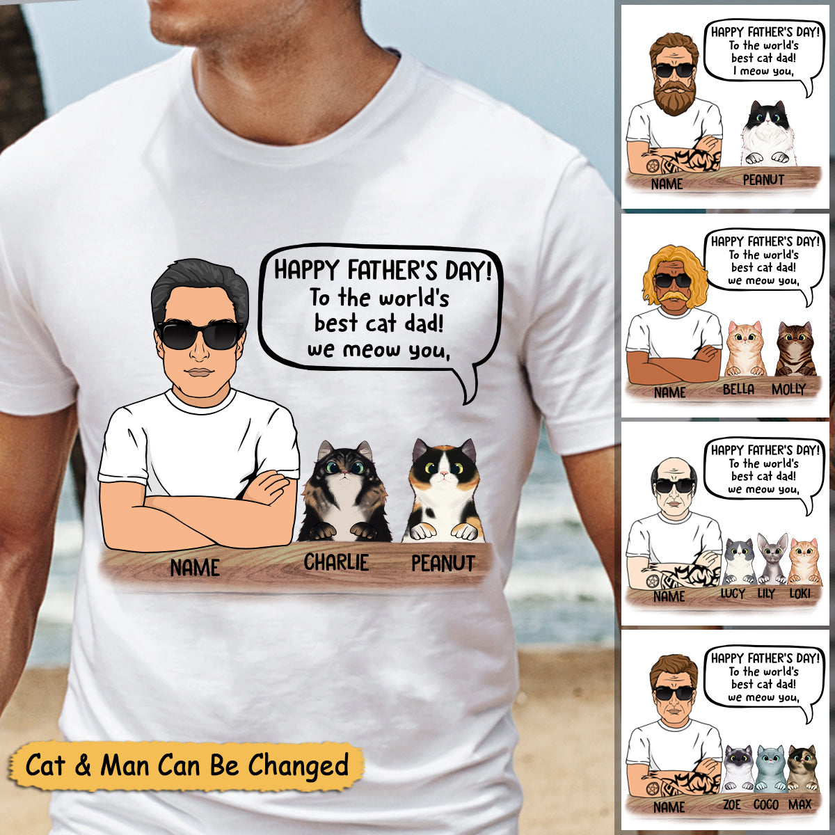 Personalized Man With Cat, Happy Father's Day, To The World's Best Cat Dad, Father's Day Shirts, Gift For Cat Lovers