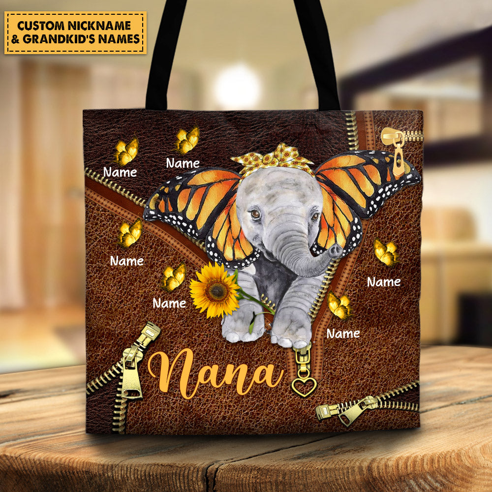 Cute Elephants With Butterfly Ears Printed Leather Pattern Personalized Tote Bag For Grandma