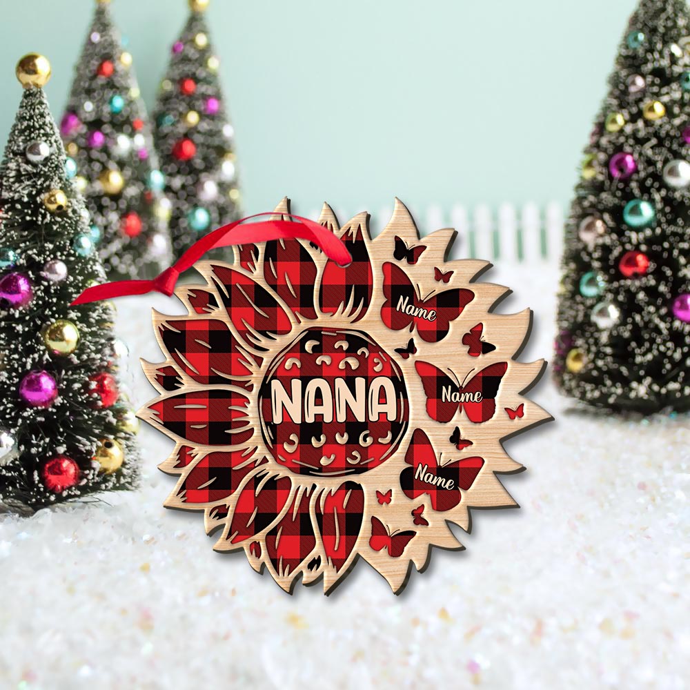 Sunflowers Butterfly Plaid Christmas 1 Side Wood Ornament For Grandma HN98 DO99, Made By Wood And One Side Print