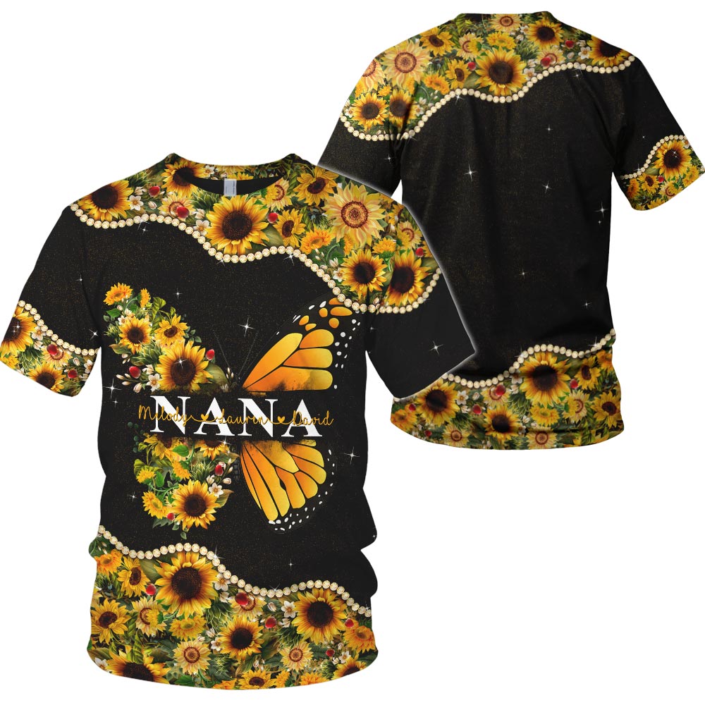 Personalized Butterfly Sunflower Pattern All Over Print Shirts For Nana Gigi Mimi Nickname Can Be Changed