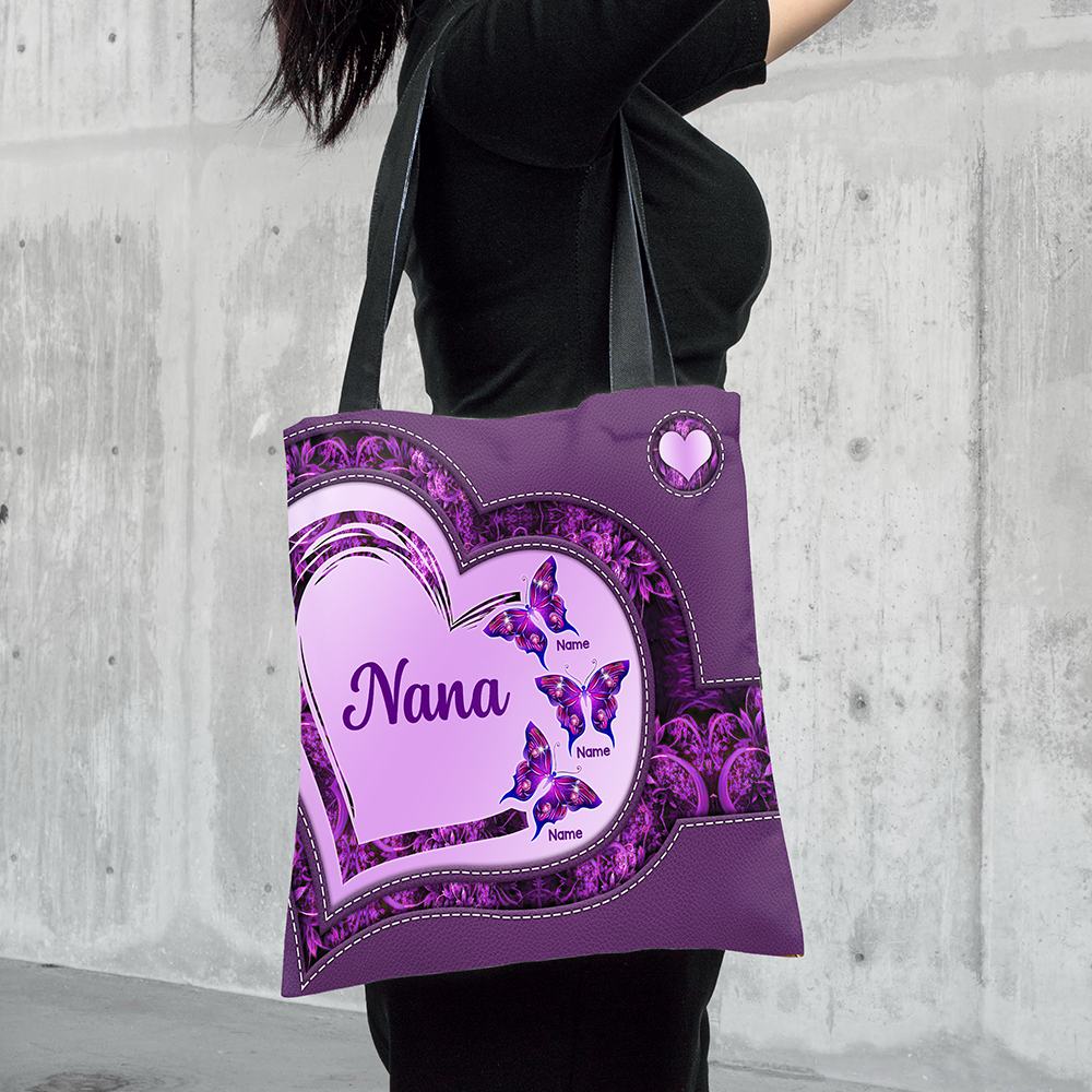 Grandma Heart Violet Butterflies Printed Pattern Personalized Tote Bag For Grandma