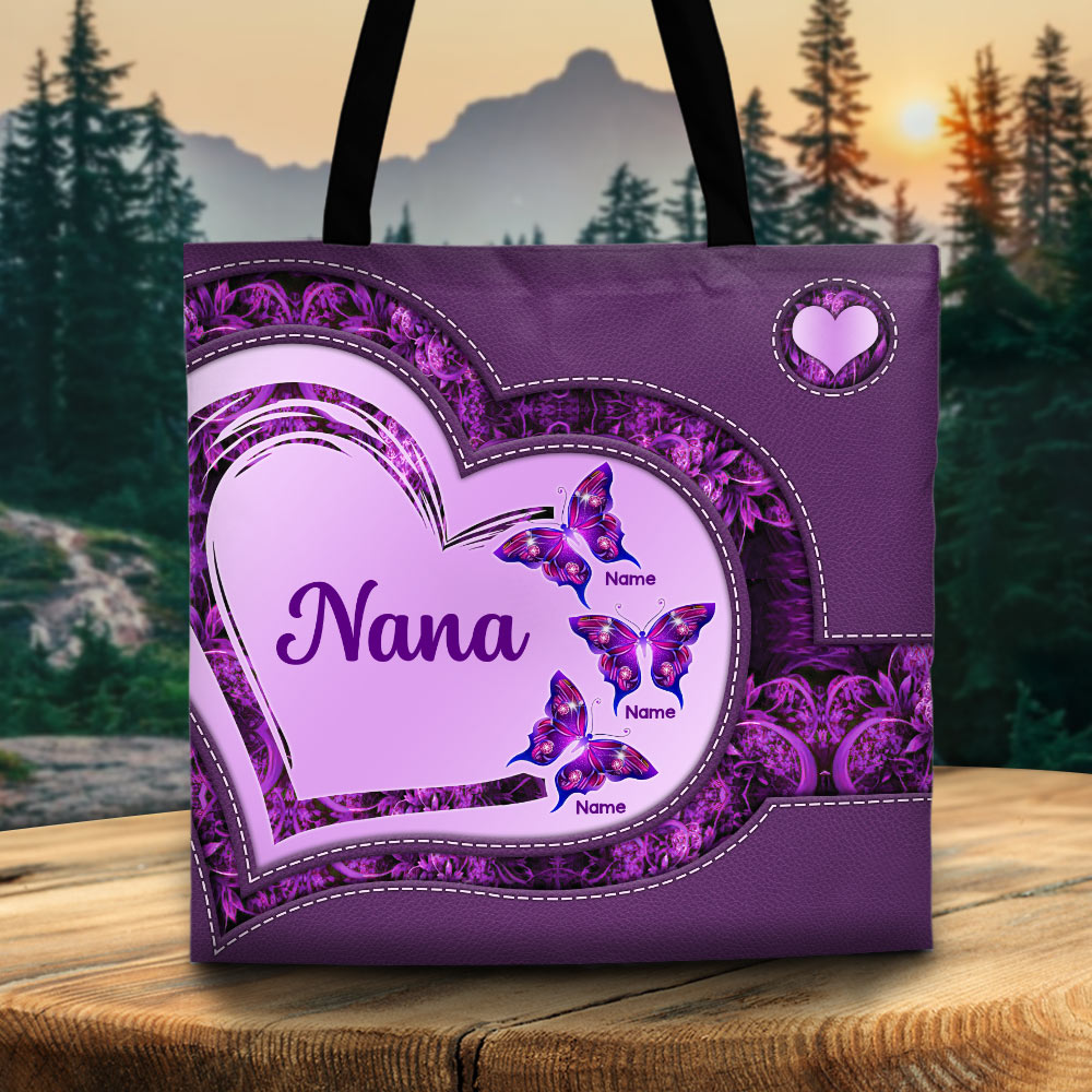 Grandma Heart Violet Butterflies Printed Pattern Personalized Tote Bag For Grandma