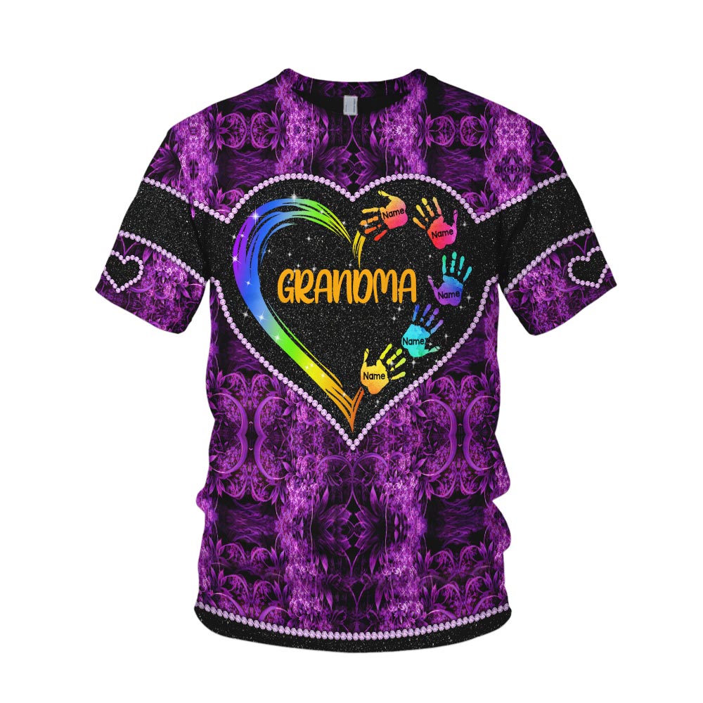 Grandma Heart And Grandkids Hands Personalized All Over Print Shirt, 3D Shirt For Grandma