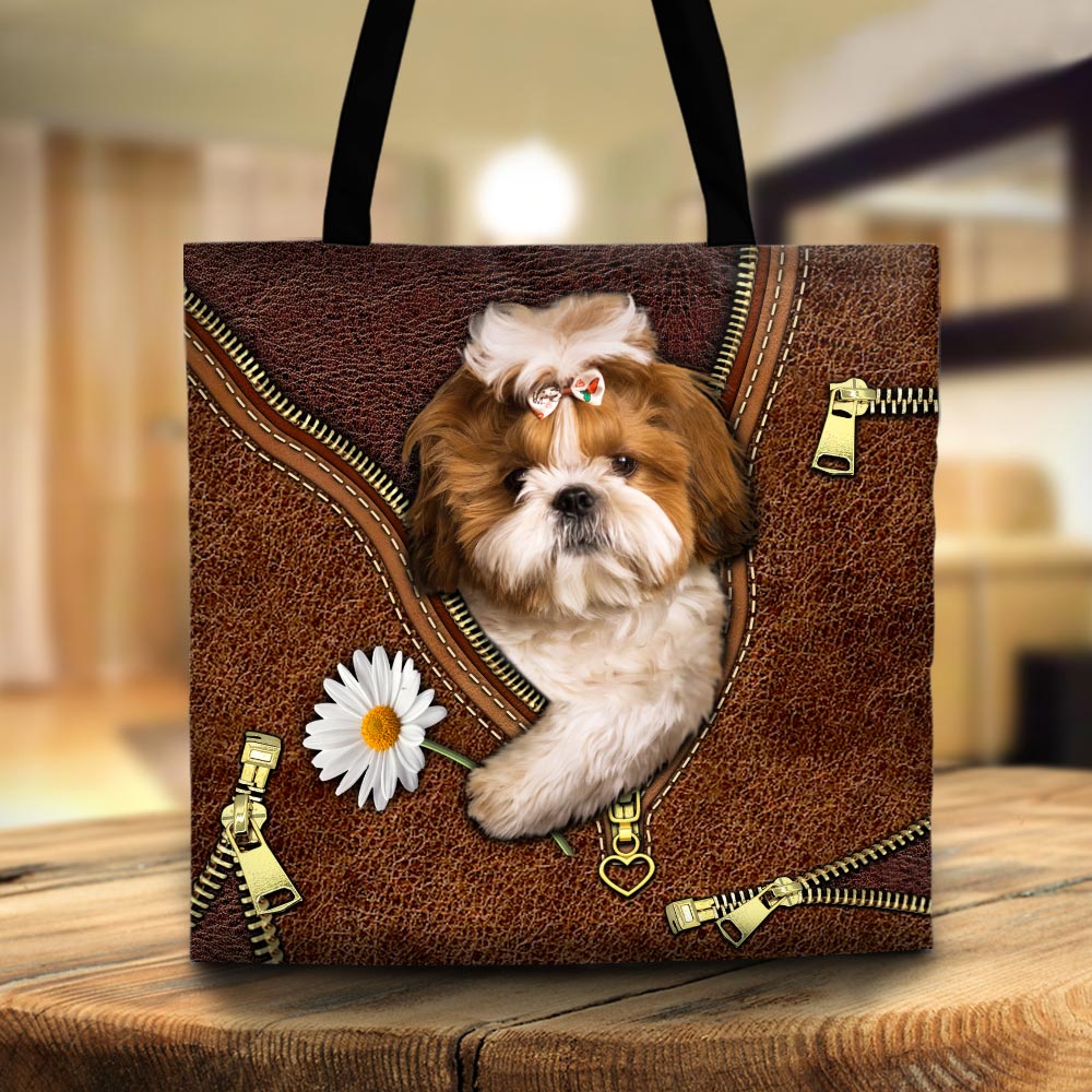 Shih Tzu Holding Daisy Vr2, Printed Leather Pattern, Tote Bag For Dog Mom, Dog Lovers