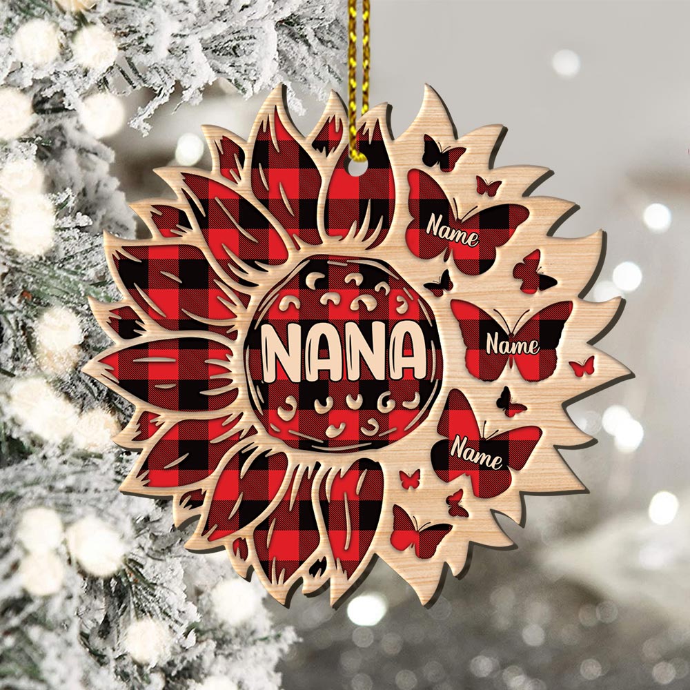 Sunflowers Butterfly Plaid Christmas 1 Side Wood Ornament For Grandma HN98 DO99, Made By Wood And One Side Print