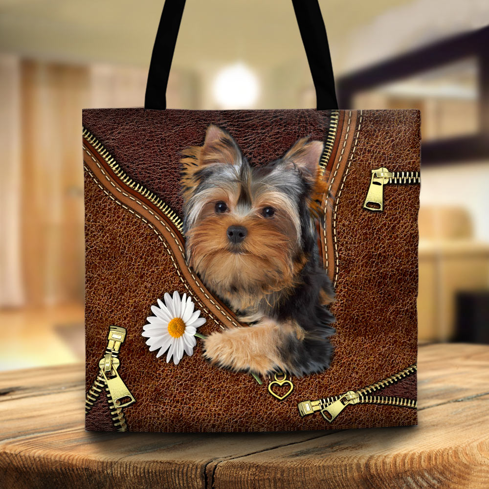 Yorkshire Terrier Holding Daisy Vr2, Printed Leather Pattern, Tote Bag For Dog Mom, Dog Lovers