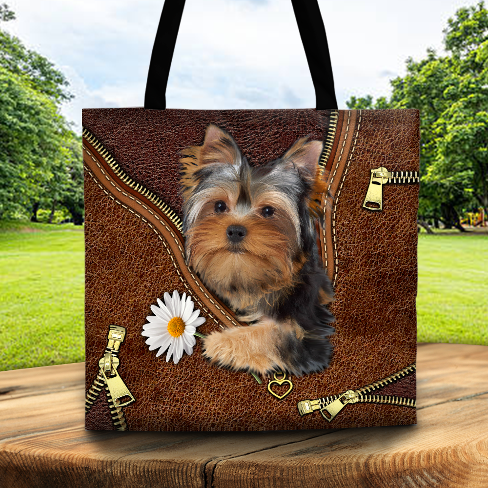 Yorkshire Terrier Holding Daisy Vr2, Printed Leather Pattern, Tote Bag For Dog Mom, Dog Lovers