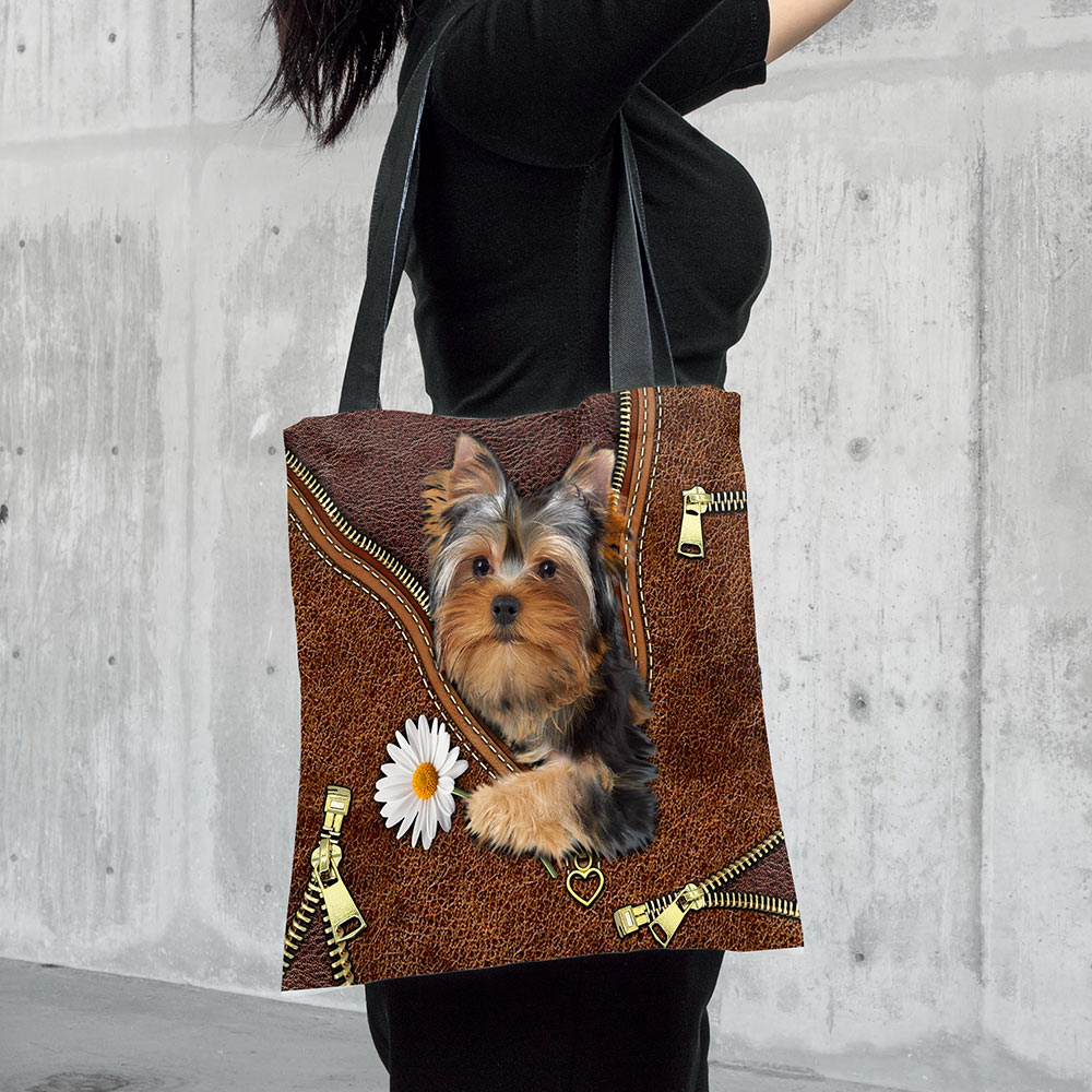 Yorkshire Terrier Holding Daisy Vr2, Printed Leather Pattern, Tote Bag For Dog Mom, Dog Lovers