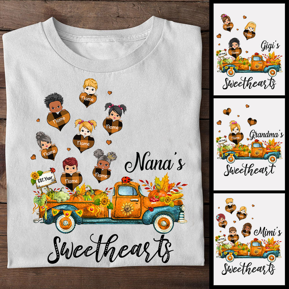 Nana's Sweethearts Autumn Truck And Pumkin Sunflower Personalized Shirt For Grandma