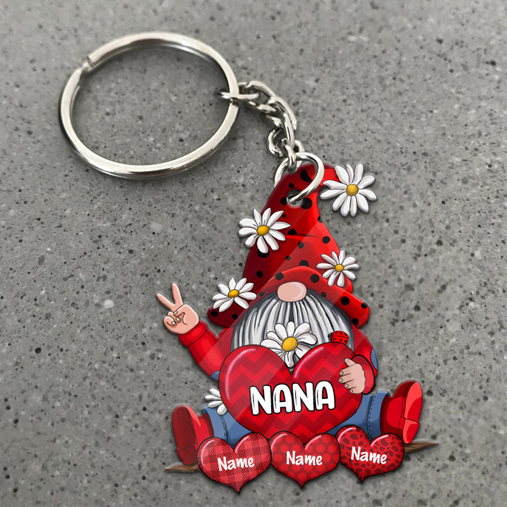 Gnomes With Hearts Personalized Flat Acrylic Keychain, 2 Sides Are The Same For Grandma