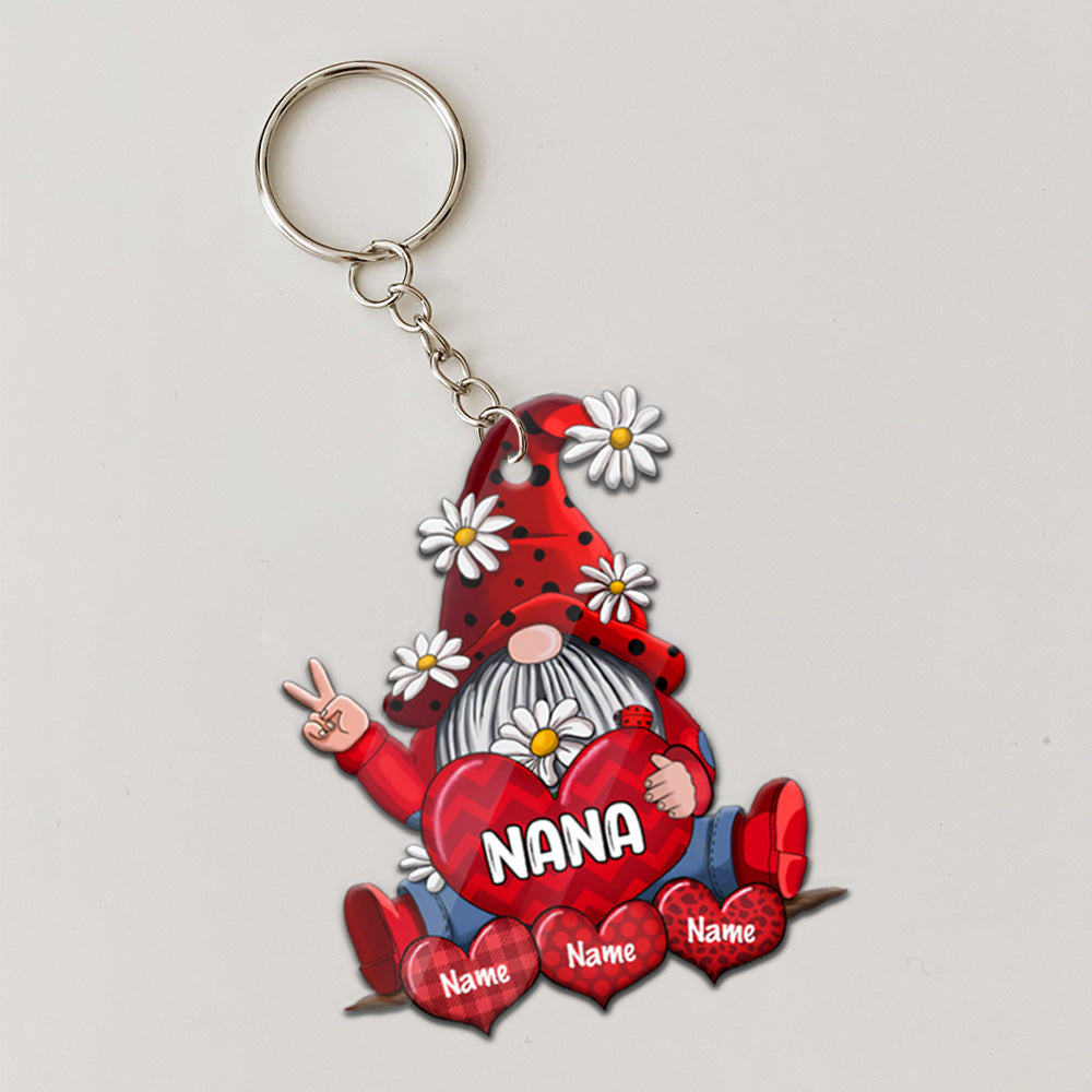 Gnomes With Hearts Personalized Flat Acrylic Keychain, 2 Sides Are The Same For Grandma