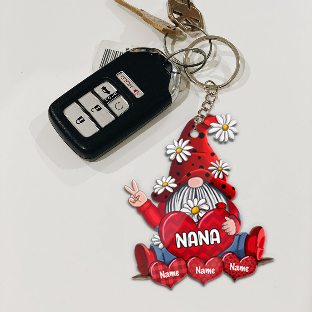 Gnomes With Hearts Personalized Flat Acrylic Keychain, 2 Sides Are The Same For Grandma
