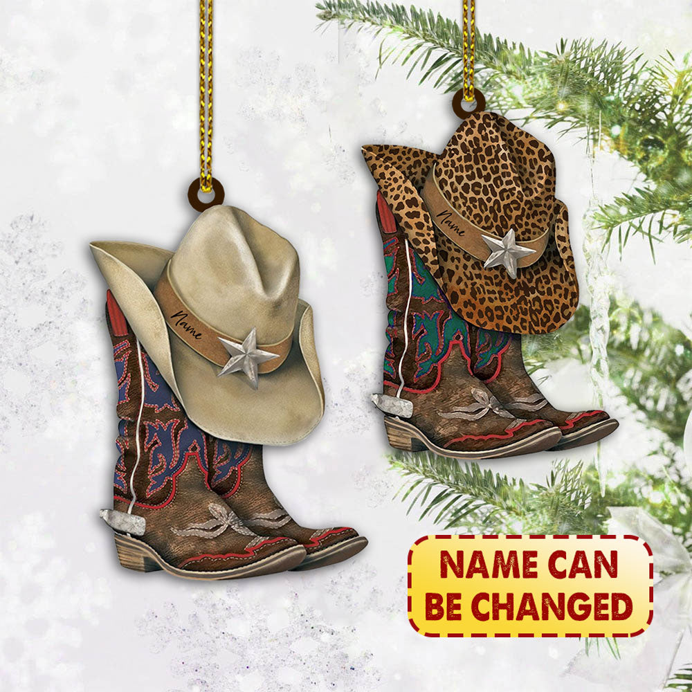 Cowboy Boots And Hat, Personalized Shaped Acrylic Ornament 2 Sides For Cowboy, Name Can Be Changed
