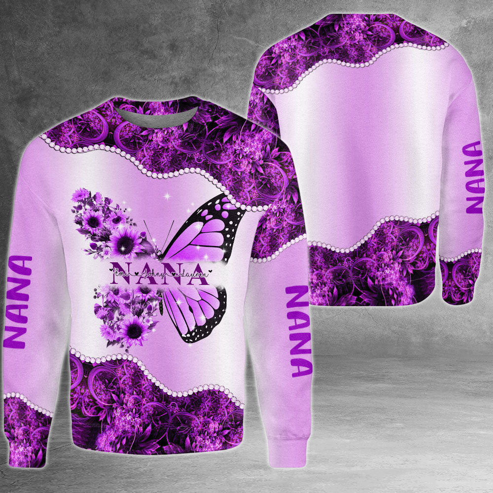 Personalized Nickname & Grandkid's Names All Over Print Shirts Butterfly Sunflower