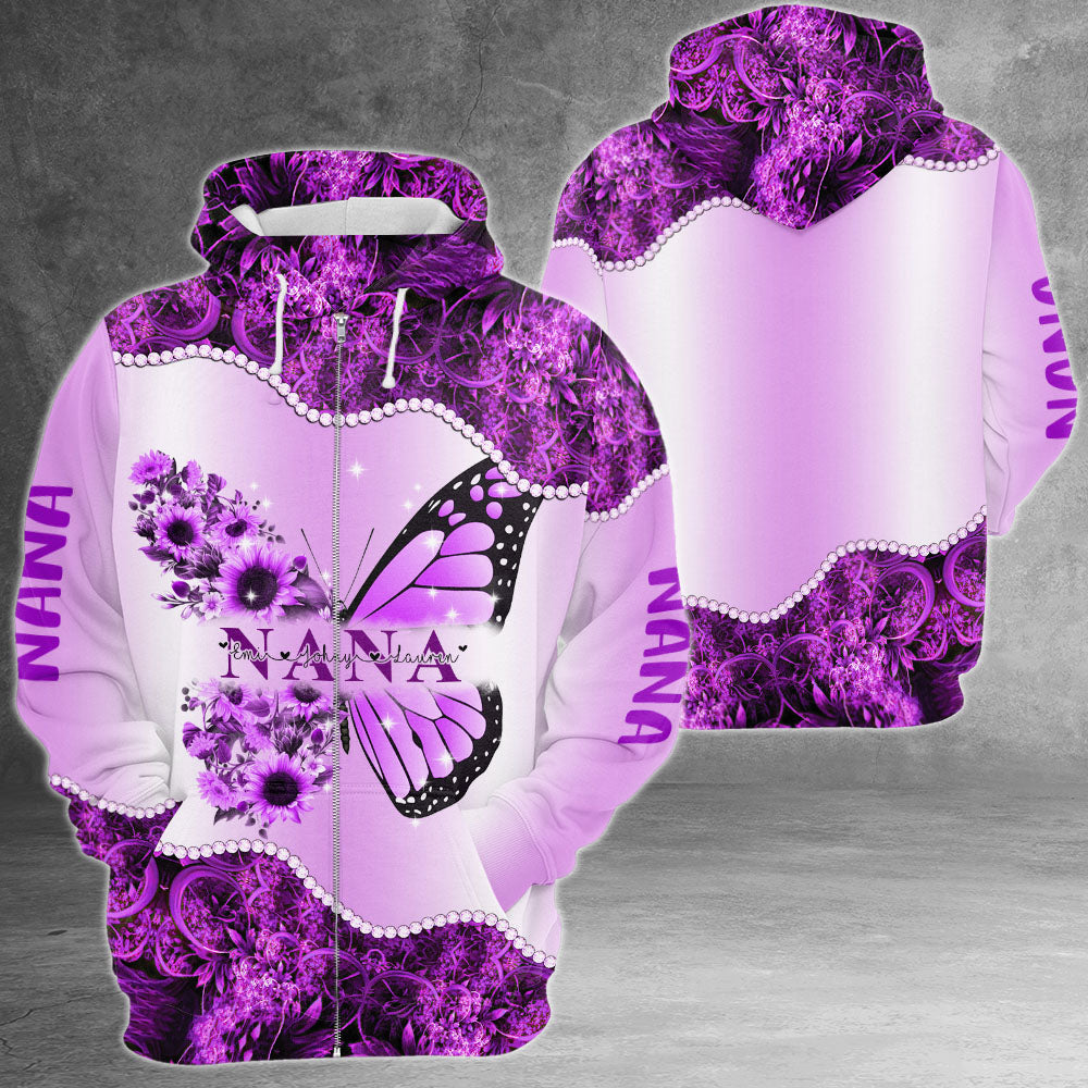 Personalized Nickname & Grandkid's Names All Over Print Shirts Butterfly Sunflower