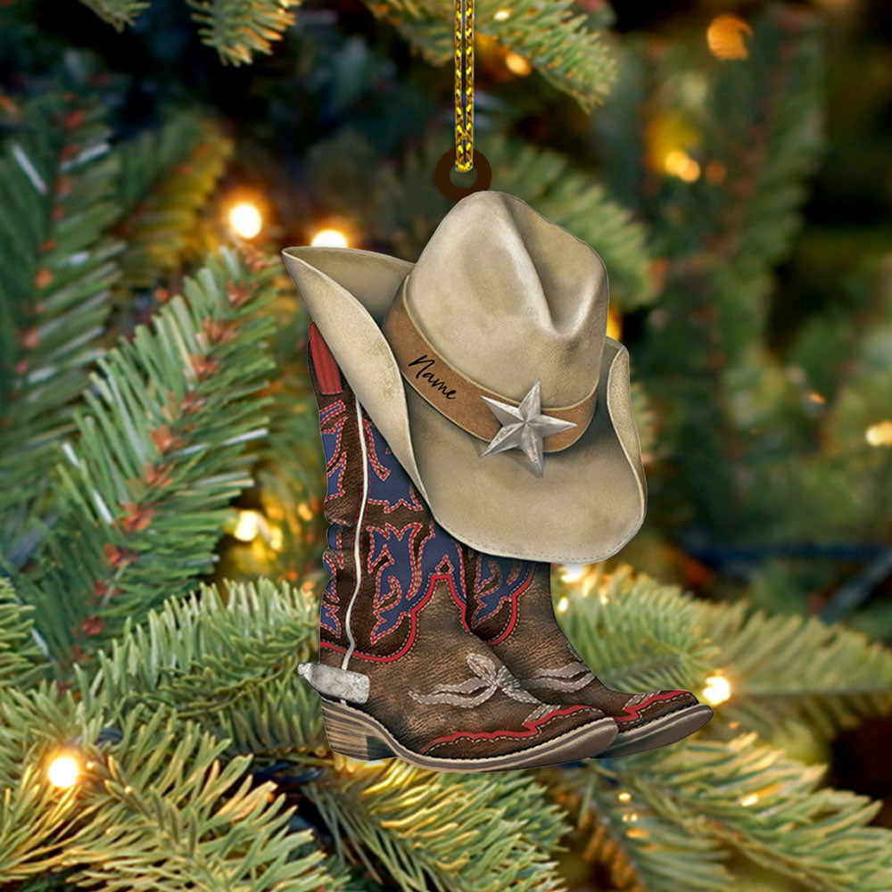 Cowboy Boots And Hat, Personalized Shaped Acrylic Ornament 2 Sides For Cowboy, Name Can Be Changed