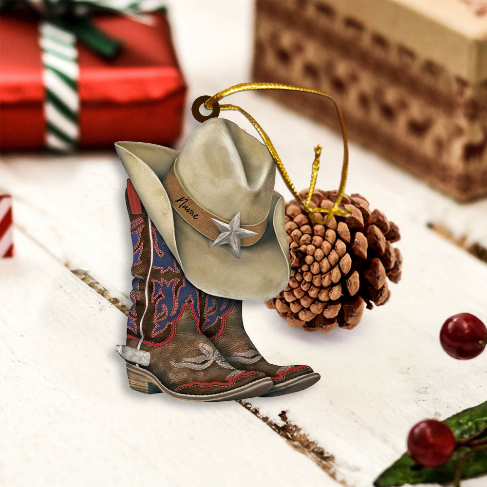 Cowboy Boots And Hat, Personalized Shaped Acrylic Ornament 2 Sides For Cowboy, Name Can Be Changed