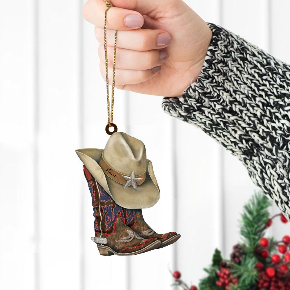 Cowboy Boots And Hat, Personalized Shaped Acrylic Ornament 2 Sides For Cowboy, Name Can Be Changed
