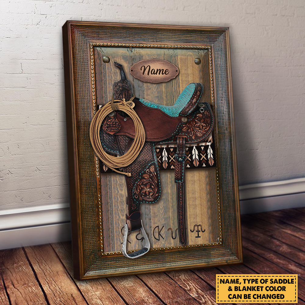 Canvas Horse Saddle Frame Print, Personalized Canvas For Horse Lovers, Cowboy, Cowgirl, Name & Saddle Color Can Be Changed
