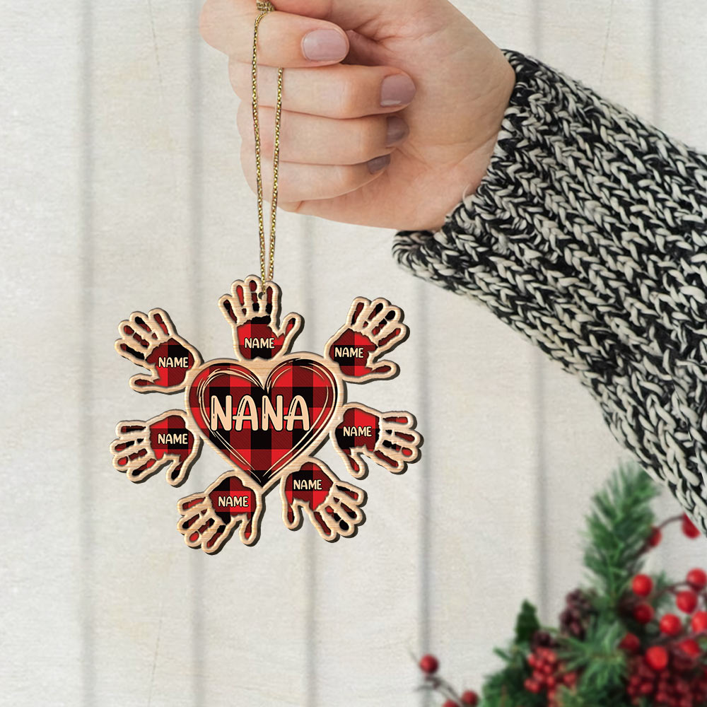 Heart Handprints Flower Christmas Personalized One Side Wood Ornament, HN98, DO99, Made By Wood And One Side Print