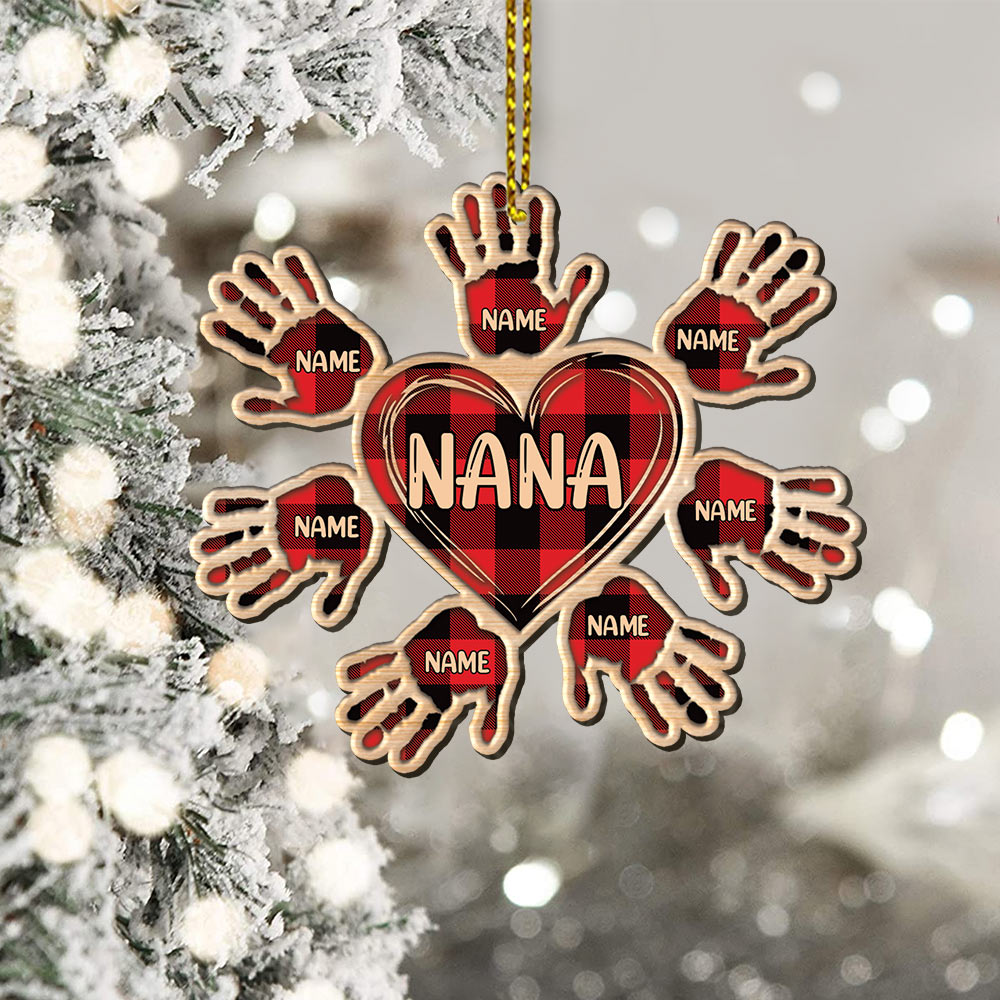 Heart Handprints Flower Christmas Personalized One Side Wood Ornament, HN98, DO99, Made By Wood And One Side Print