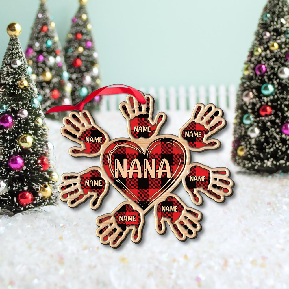 Heart Handprints Flower Christmas Personalized One Side Wood Ornament, HN98, DO99, Made By Wood And One Side Print